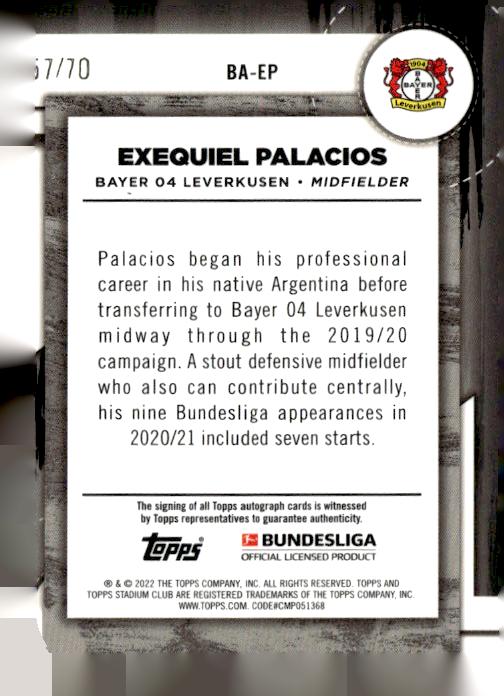 2021-22 Stadium Club Chrome #BA-EP Exequiel Palacios Ball Artists Auto #/70