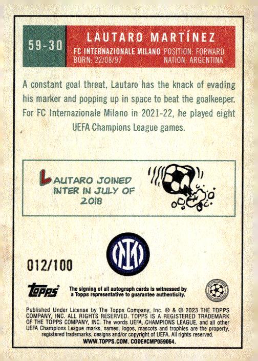 2022-23 Topps UEFA Club #59-30 Lautaro Martínez 1959 Topps Autographs #/100