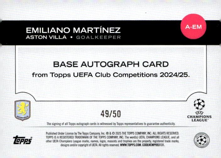 2024-25 Topps UEFA Club #A-EM Emiliano Martínez Base Autographs Gold Foil #/50