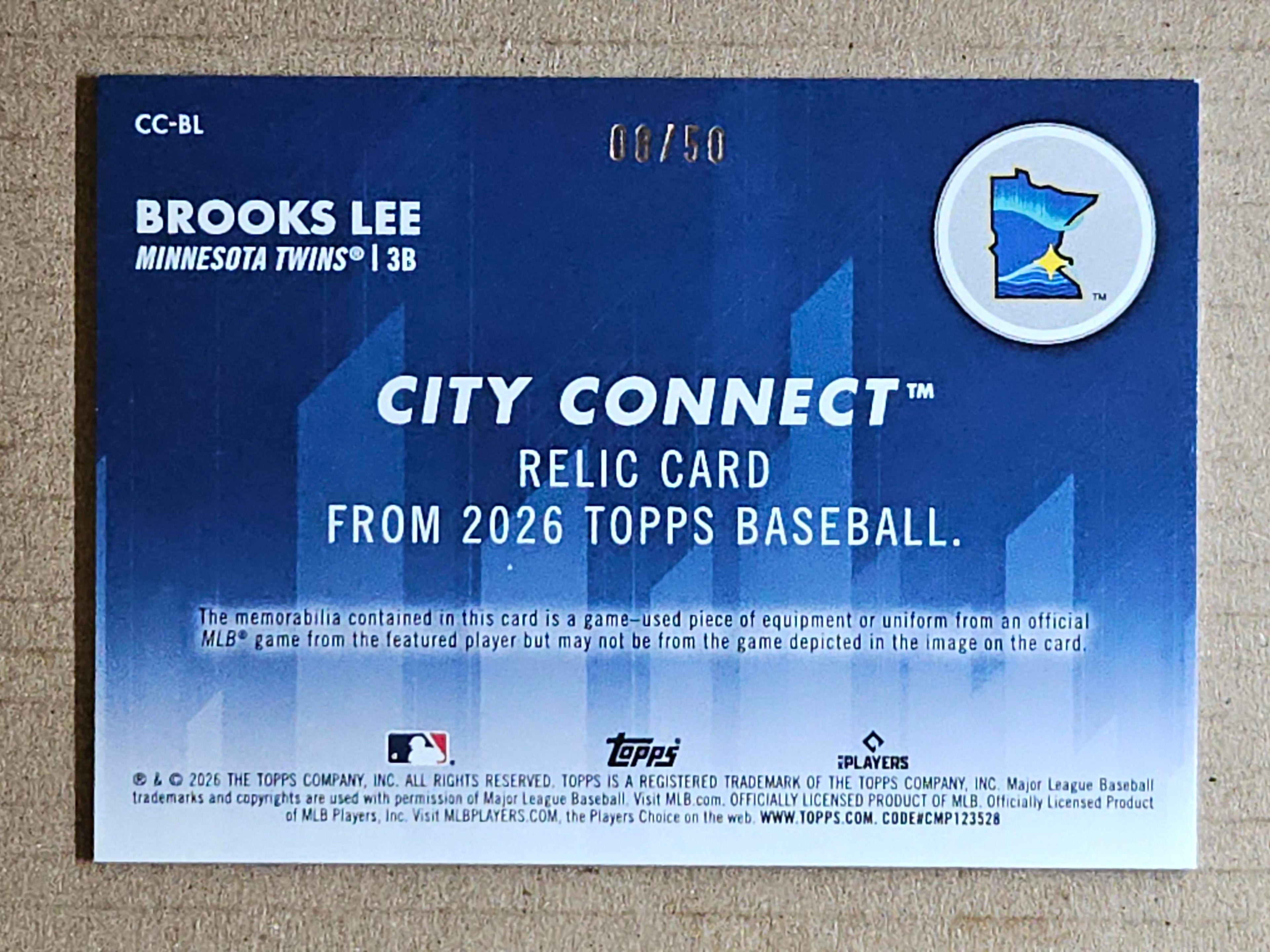 2026 Topps #CC-BL Brooks Lee City Connect Swatch Collection Relics Gold #/50