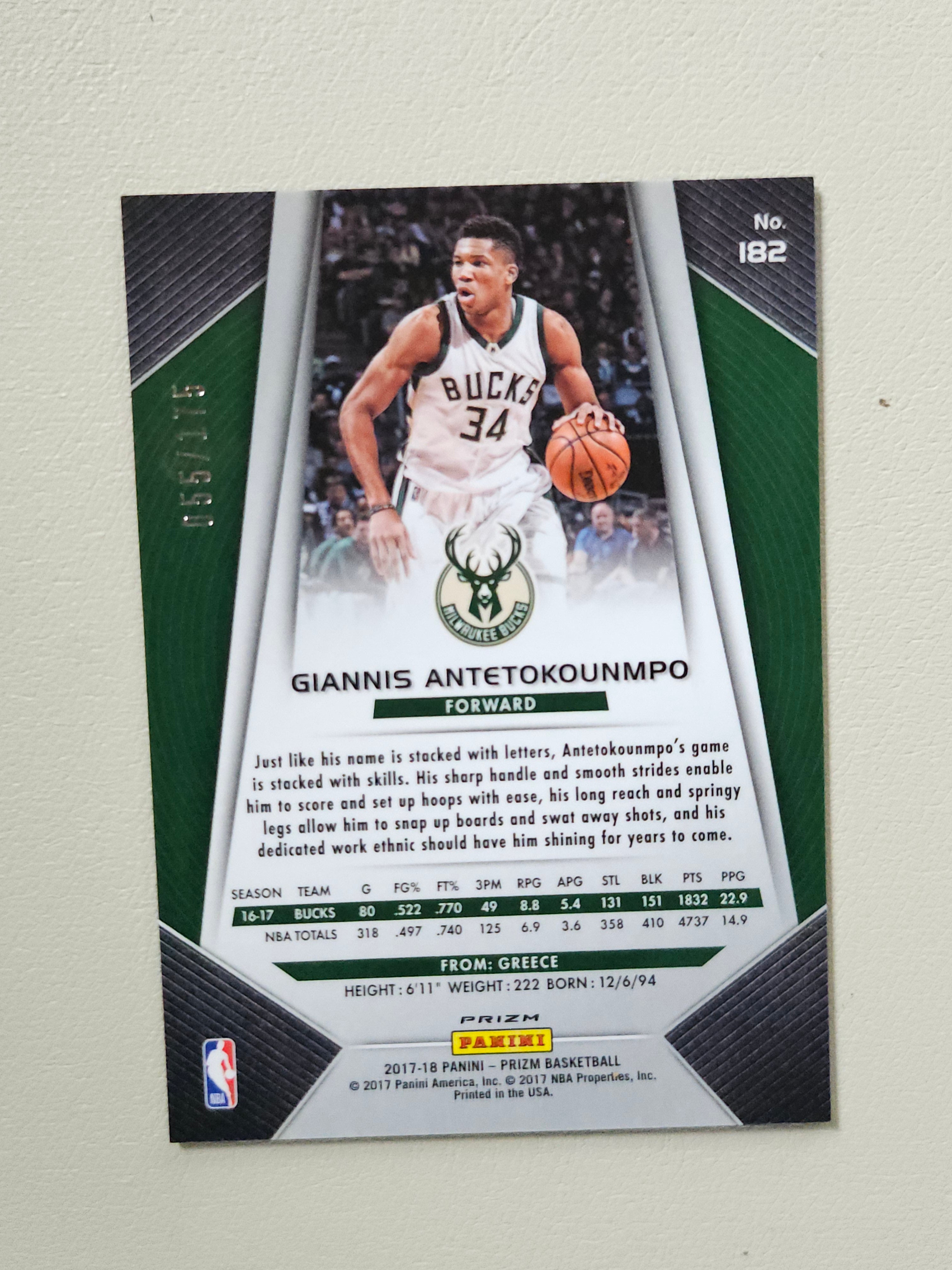 2017-18 Panini Prizm #182 Giannis Antetokounmpo Prizms Fast Break Blue #/175