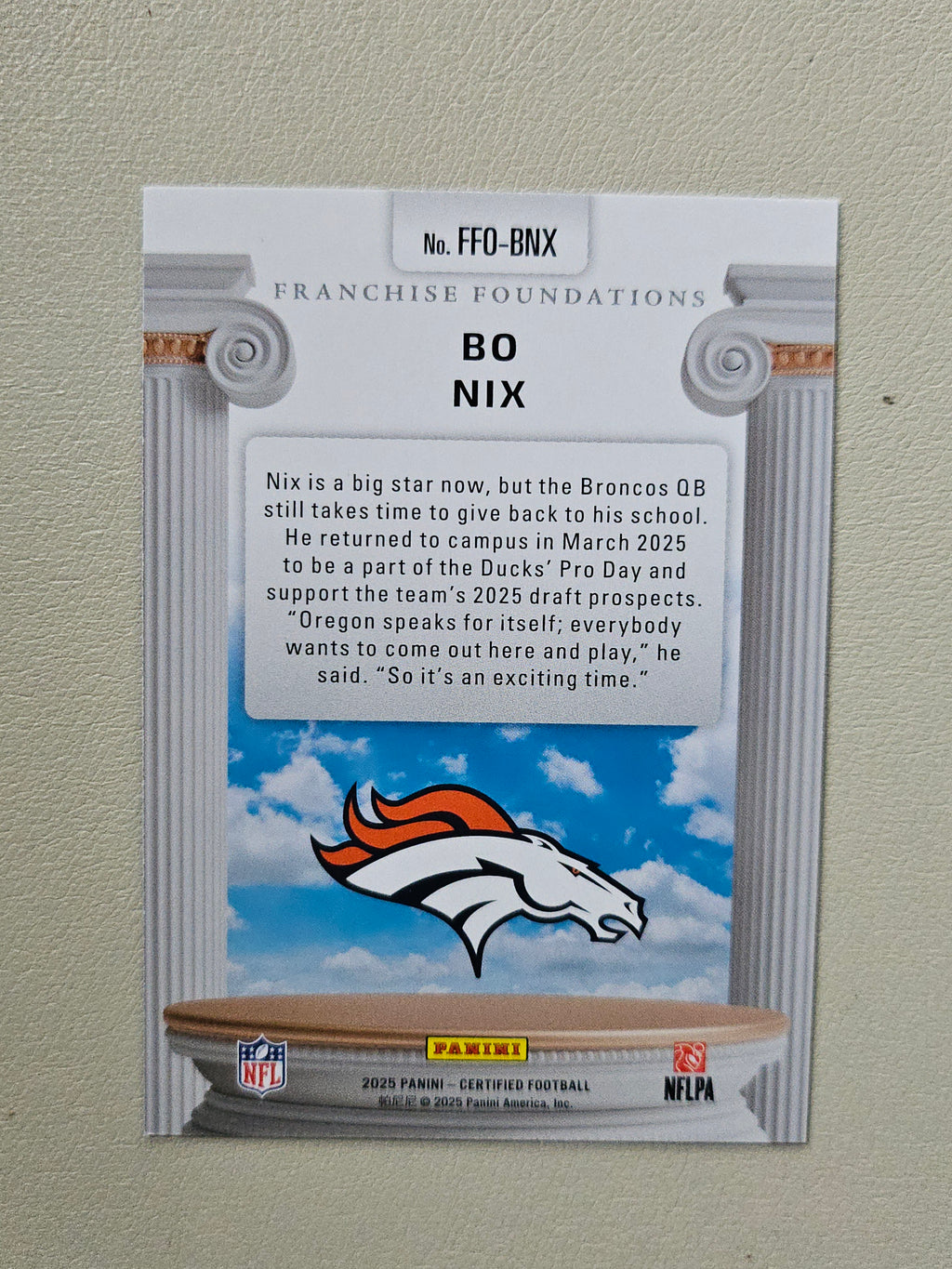 2025 Panini Certified #FFO-BNX Bo Nix Franchise Foundations Mirror Green #/25