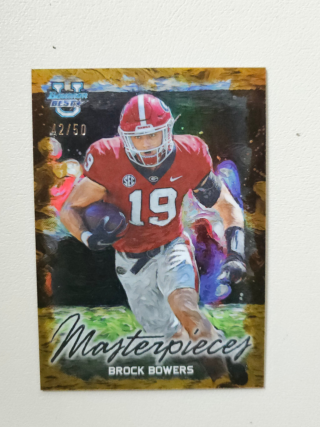 2023 Bowman University Brock Bowers Masterpieces Gold Refractor #/50
