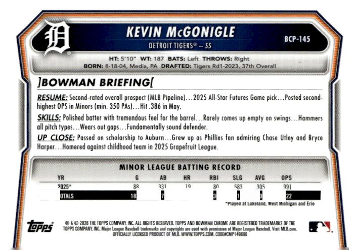 2026 Bowman #BCP-145 Kevin McGonigle Chrome Mojo Neon Green Refractor #/399