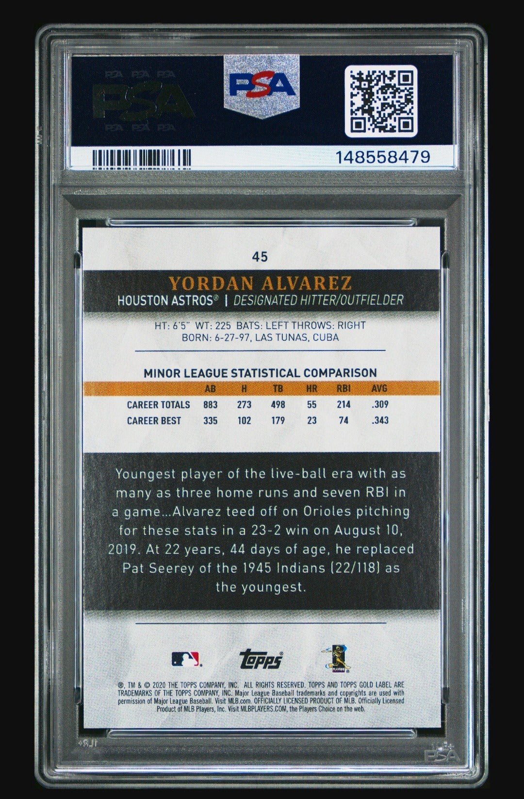 2020 Topps Gold Label #45 Yordan Alvarez Class 3 Red #/25 PSA 9
