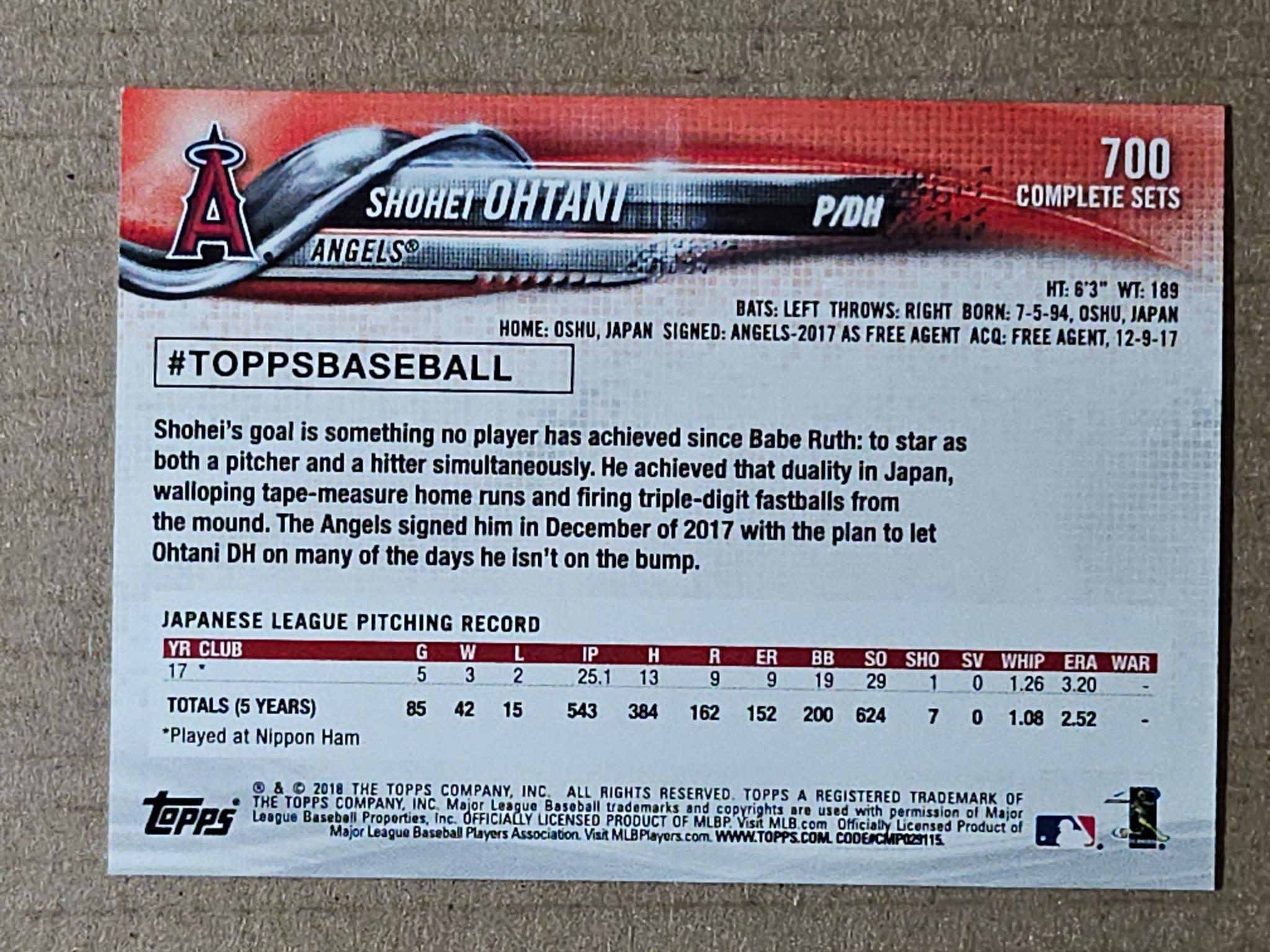 2018 Topps #700 Shohei Ohtani Factory Set Bonus: Rookie Image Variation