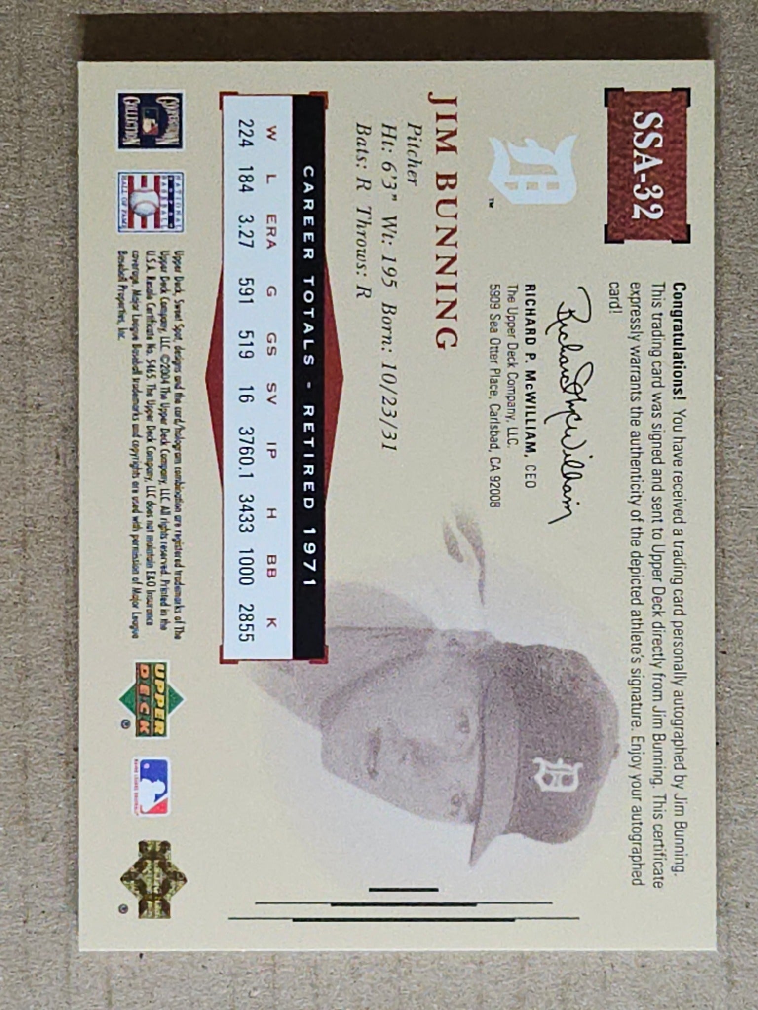 2004 Upper Deck Sweet Spot Classic #SSA-32 Jim Bunning Signatures Blue #/65