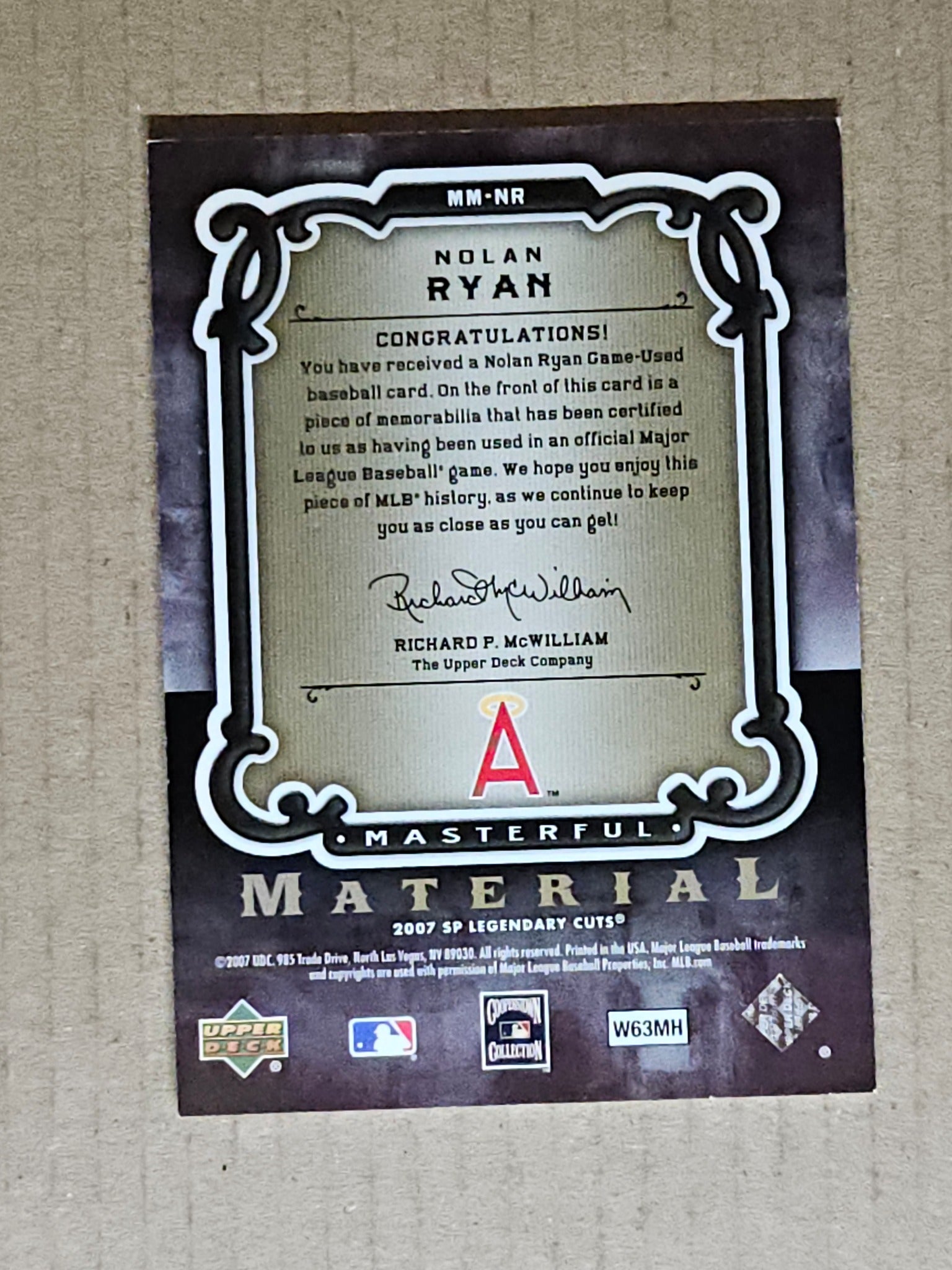 2007 SP Legendary Cuts #MM-NR Nolan Ryan Masterful Materials