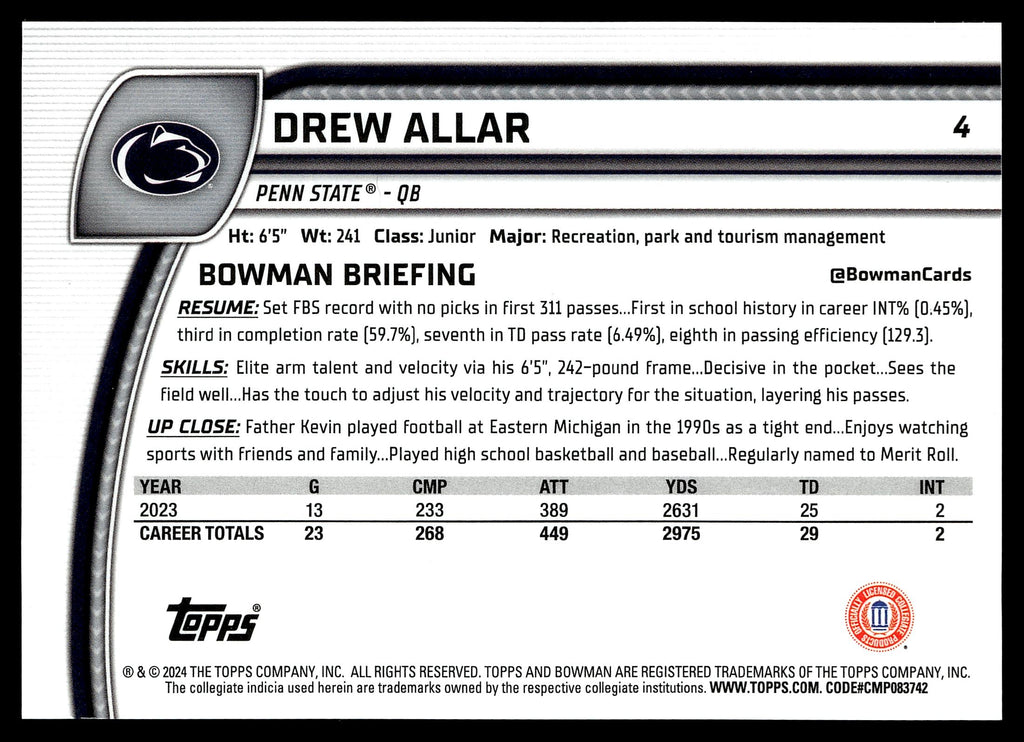 2024 Bowman U Chrome #4 Drew Allar Black and White Stealth Refractor #/48