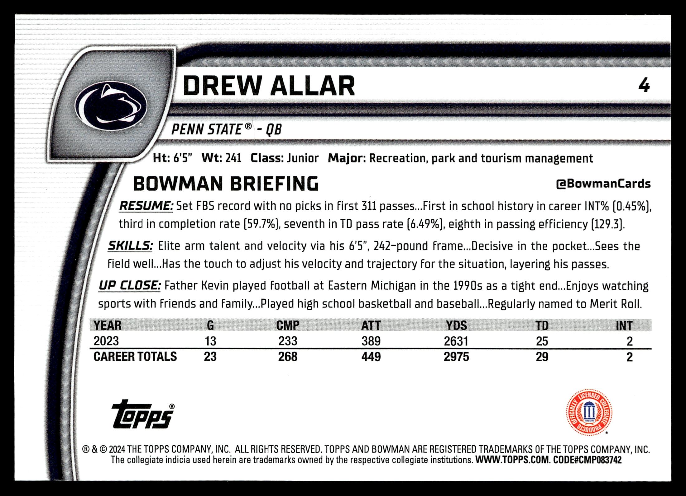 2024 Bowman U Chrome #4 Drew Allar Black and White Stealth Refractor #/48