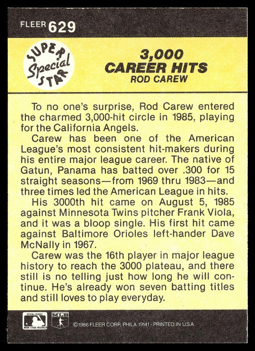 1986 Fleer #629 3,000 Career Hits (Rod Carew) In-Person Auto