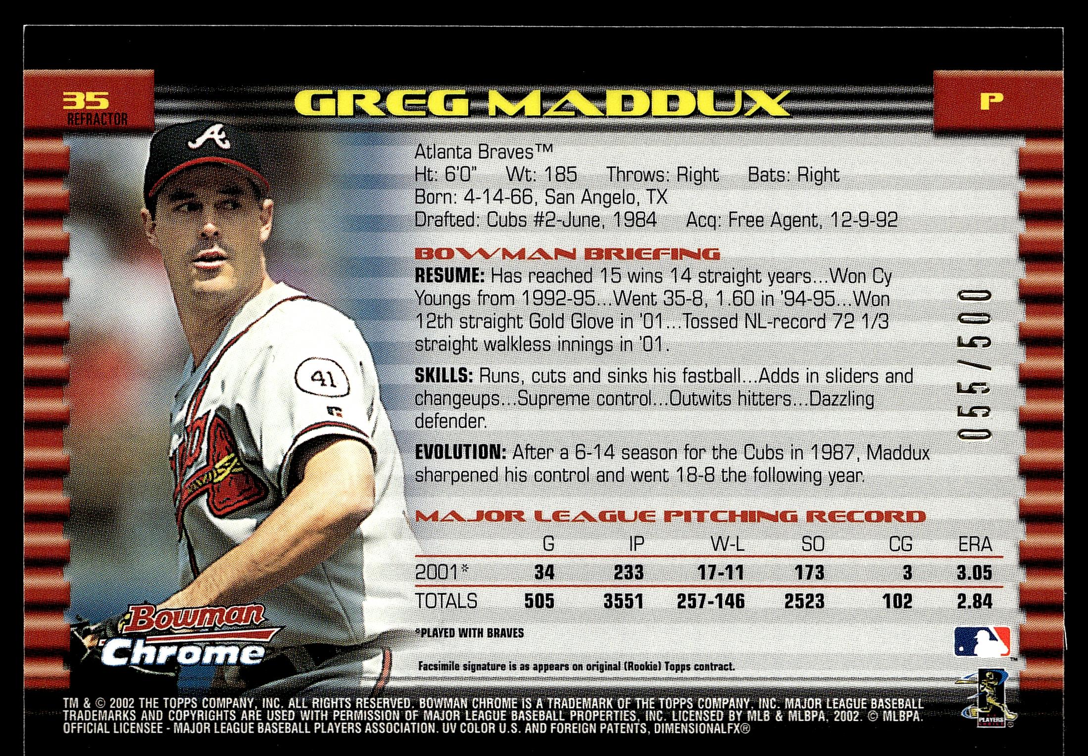 2002 Bowman Chrome #35 Greg Maddux Refractors #/500