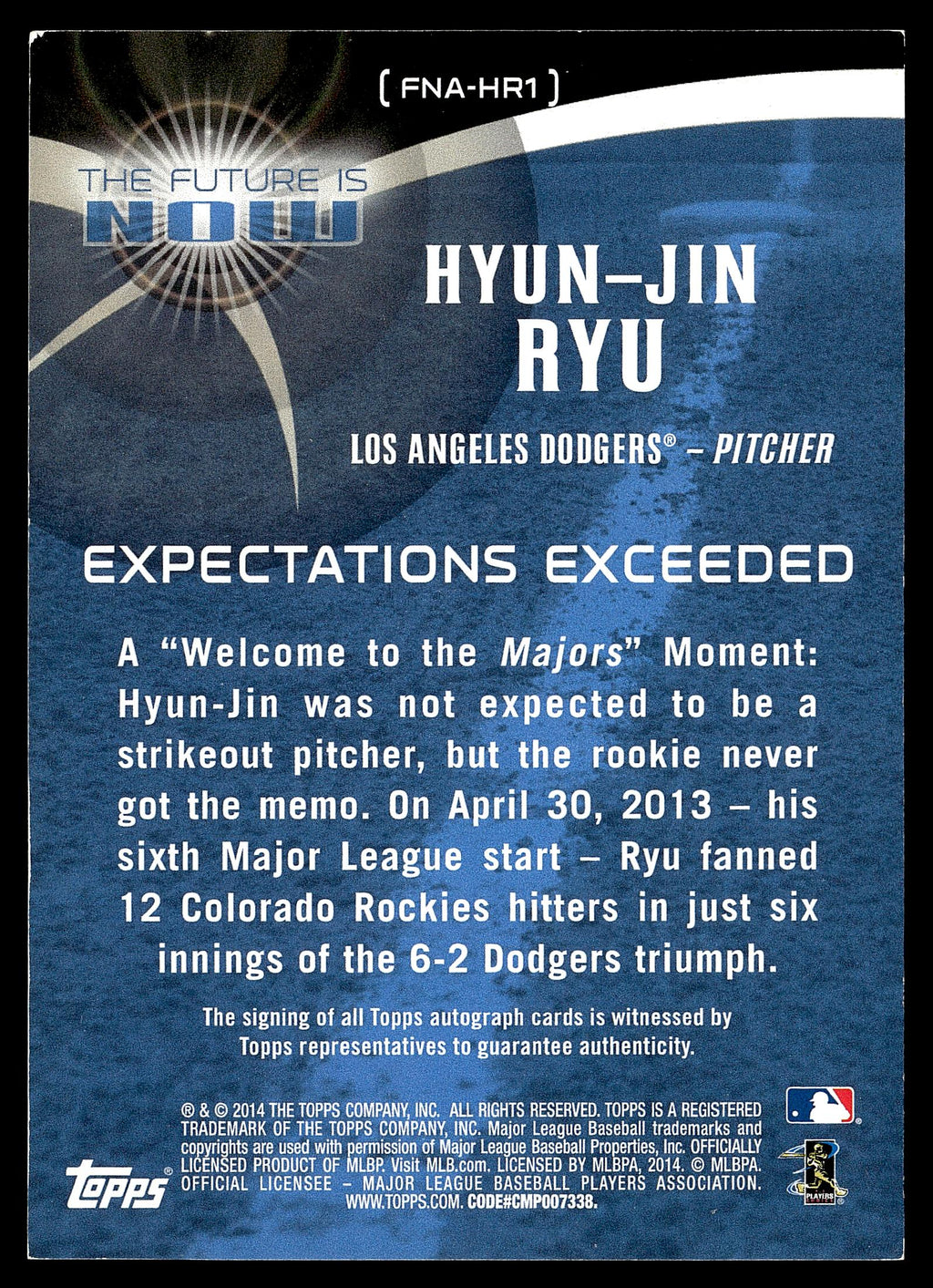 2014 Topps #FNA-HR1 Hyun-Jin Ryu The Future is Now Autographs #/25 Bookend