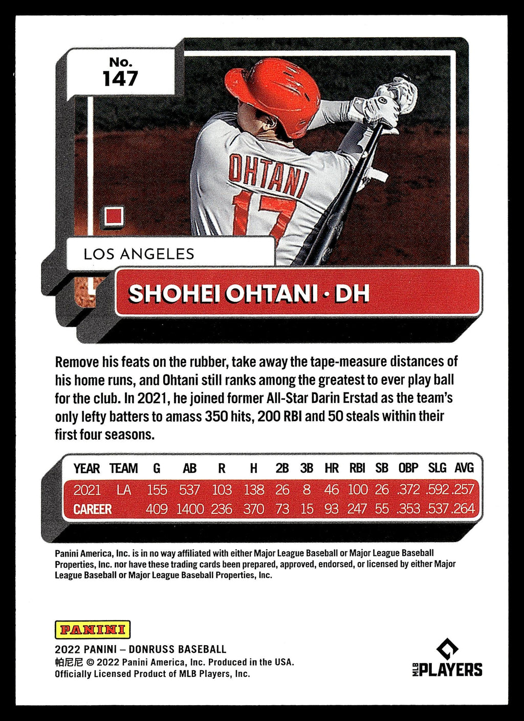 2022 Donruss #147 Shohei Ohtani Red #/2022