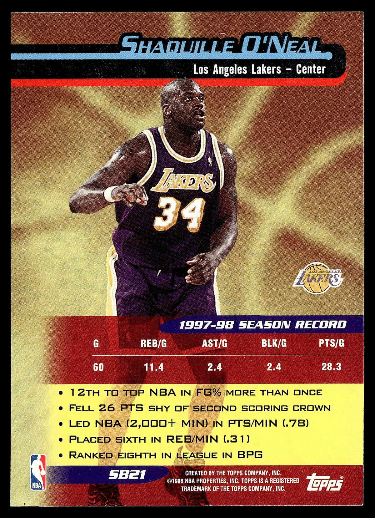 1998-99 Topps #SB21 Shaquille O'Neal Season's Best