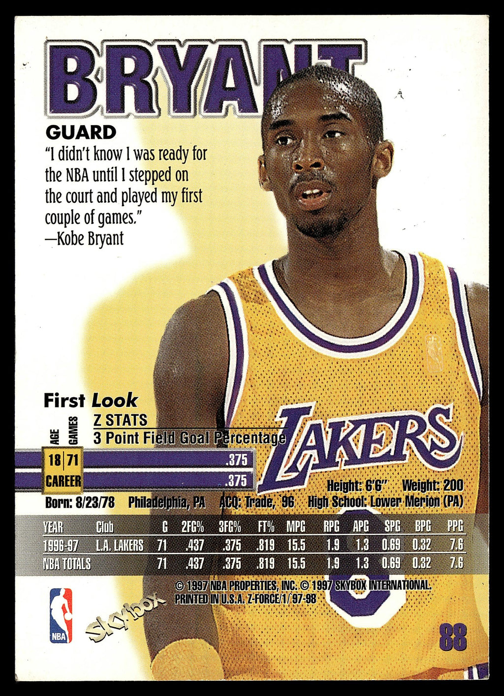 1997-98 SkyBox Z-Force #88 Kobe Bryant