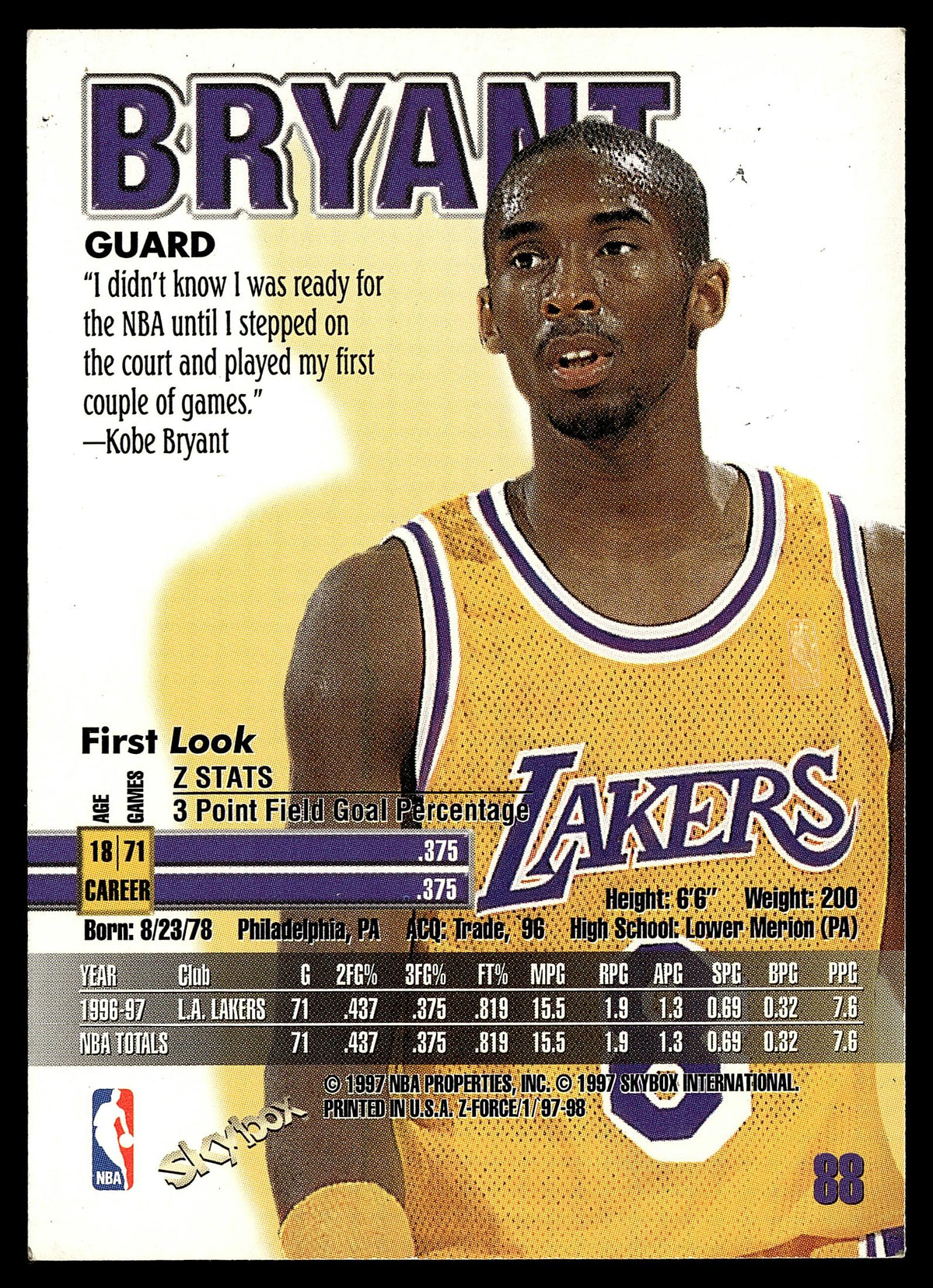1997-98 SkyBox Z-Force #88 Kobe Bryant