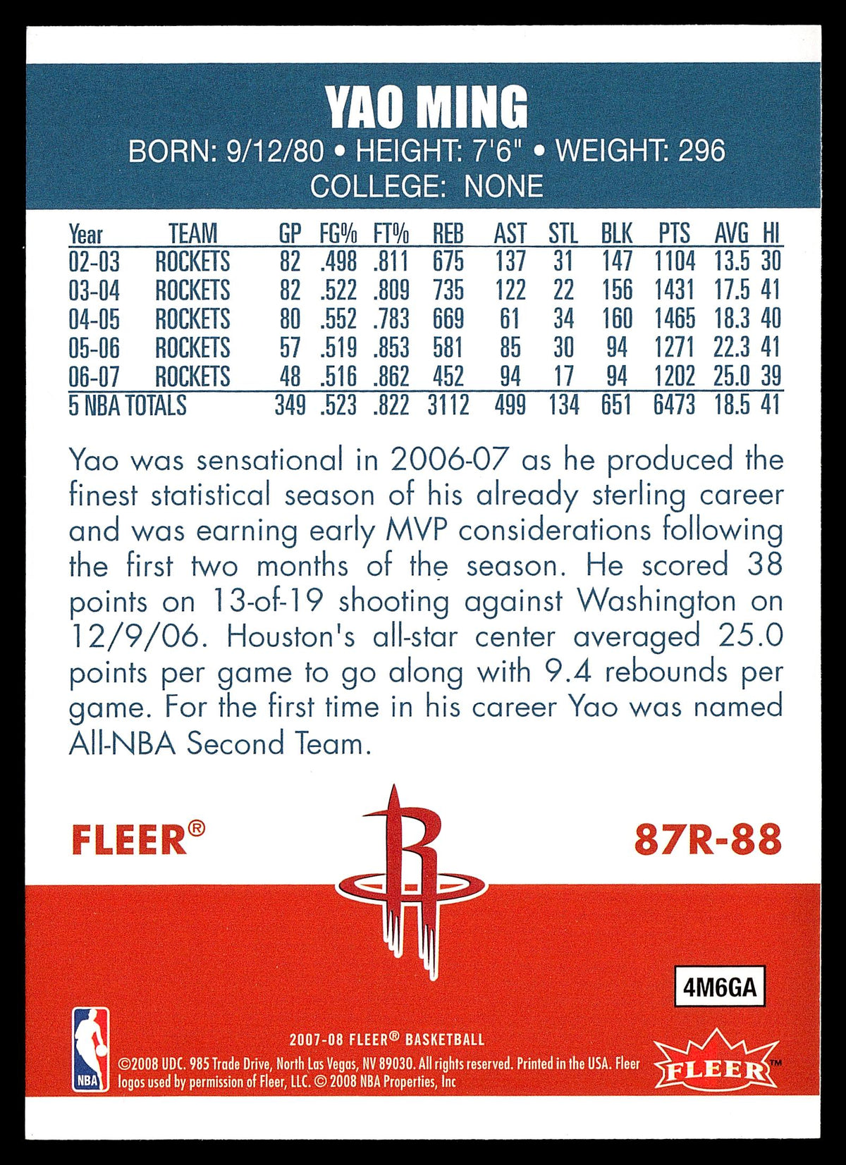 2007-08 Fleer #87R-88 Yao Ming 87-88 Retro