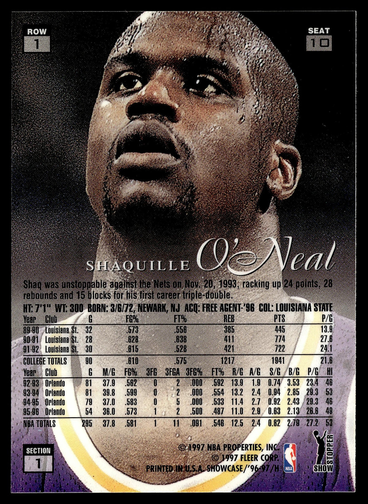 1996-97 Flair Showcase #10 Shaquille O'Neal Flair Showcase Row 1 (Grace)