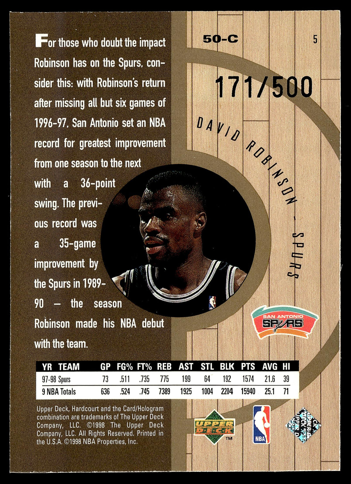 1998 Upper Deck Hardcourt #5 David Robinson Home Court Advantage Plus #/500