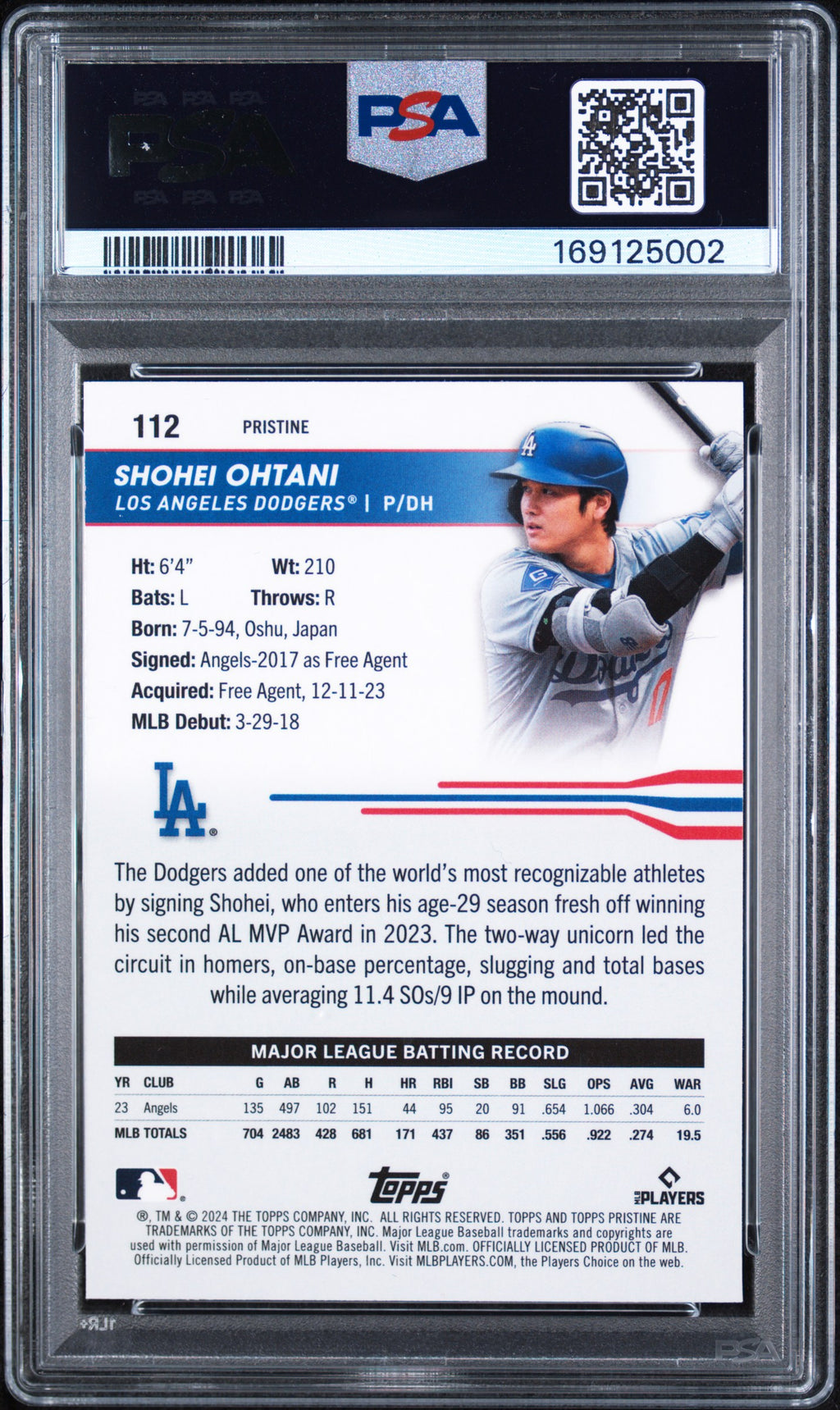 2024 Topps Pristine #112 Shohei Ohtani Pristine Blue Color Match PSA 10 #/75