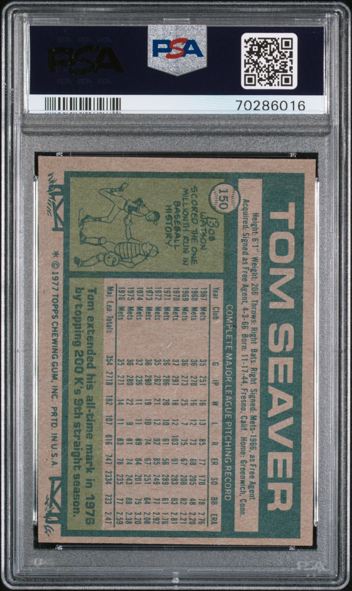 1977 Topps #150 Tom Seaver PSA 6