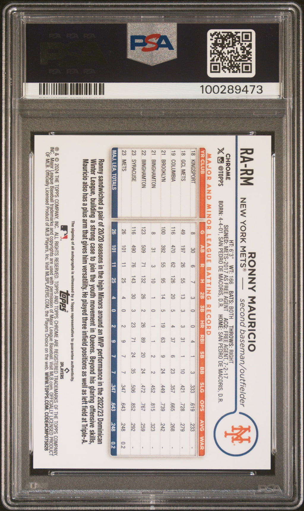 2024 Topps Chrome #RA-RM Ronny Mauricio Rookie Autographs PSA 9