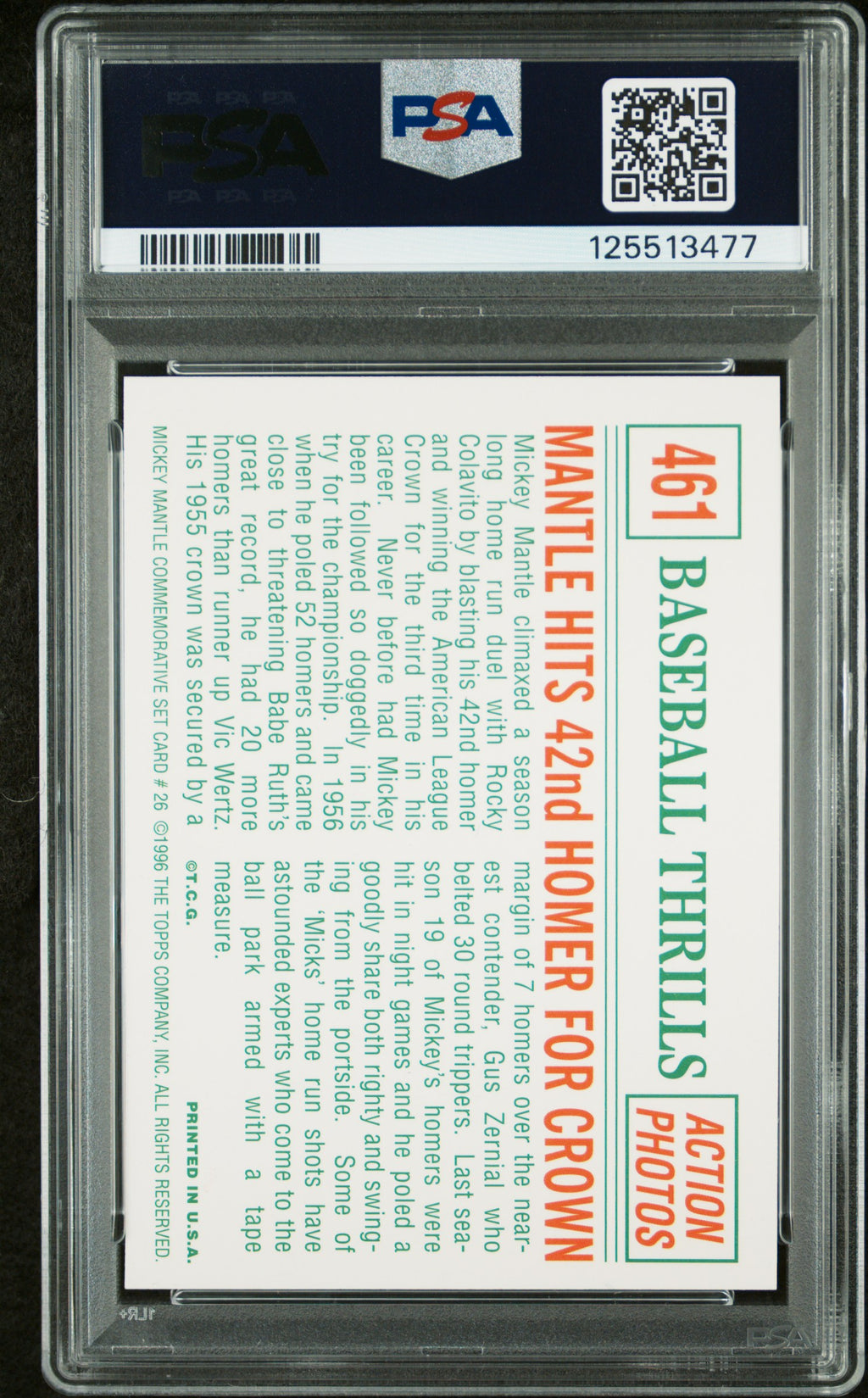 1997 Topps #26 Mantle Hits 42nd Homer for Crown Mickey Mantle Reprints PSA 8