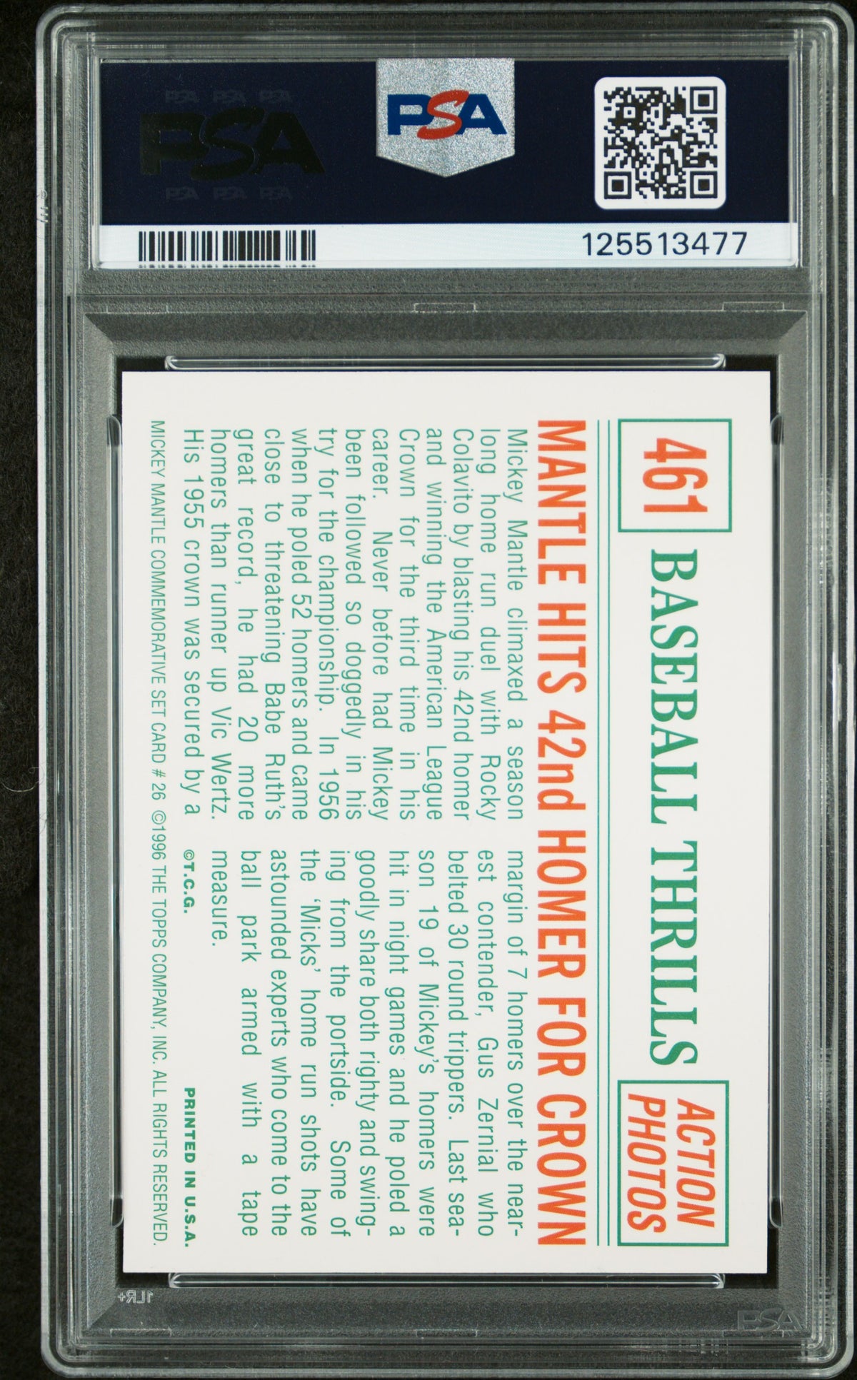 1997 Topps #26 Mantle Hits 42nd Homer for Crown Mickey Mantle Reprints PSA 8
