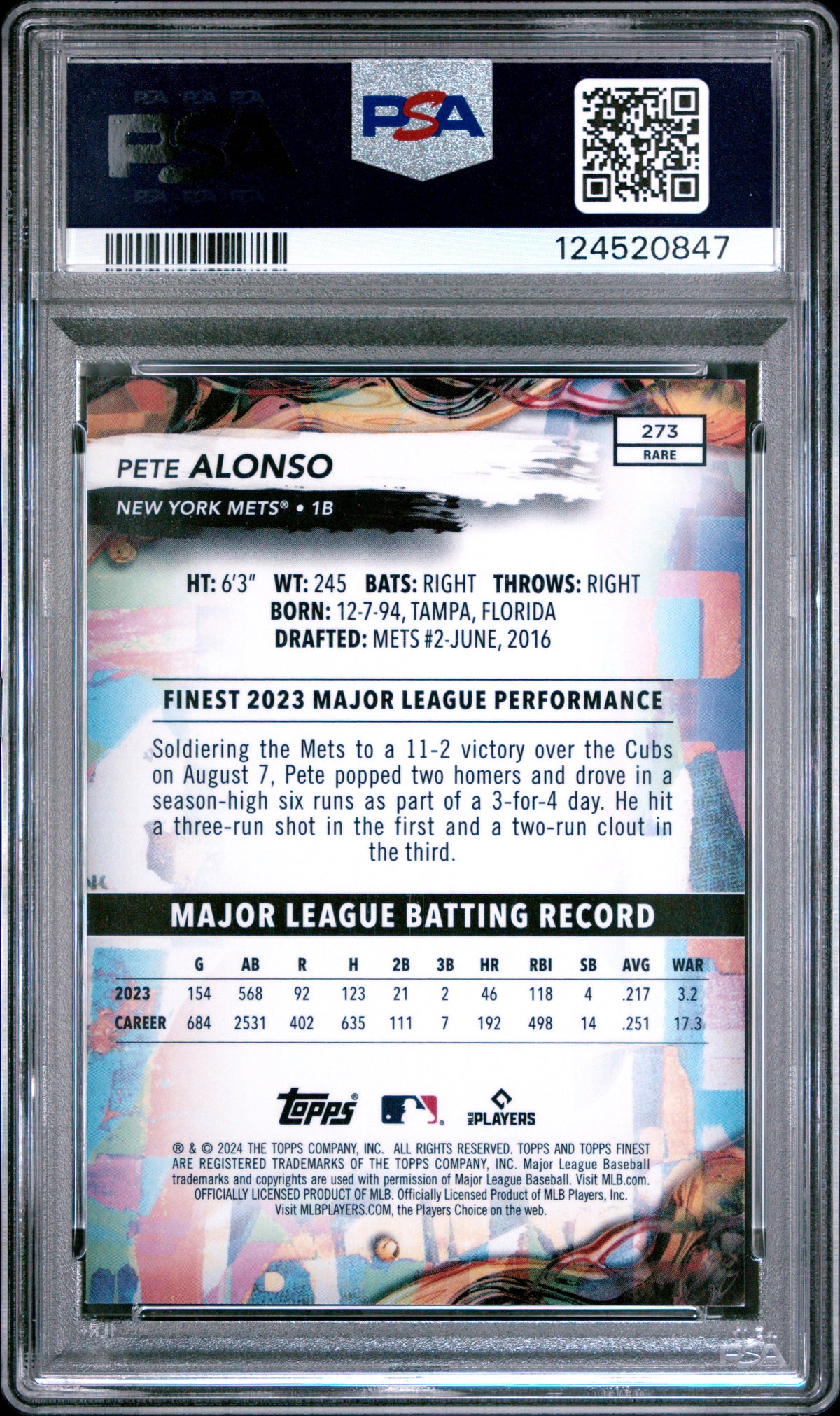 2024 Topps Finest #273 Pete Alonso Sky Blue Refractor PSA 10 #/150