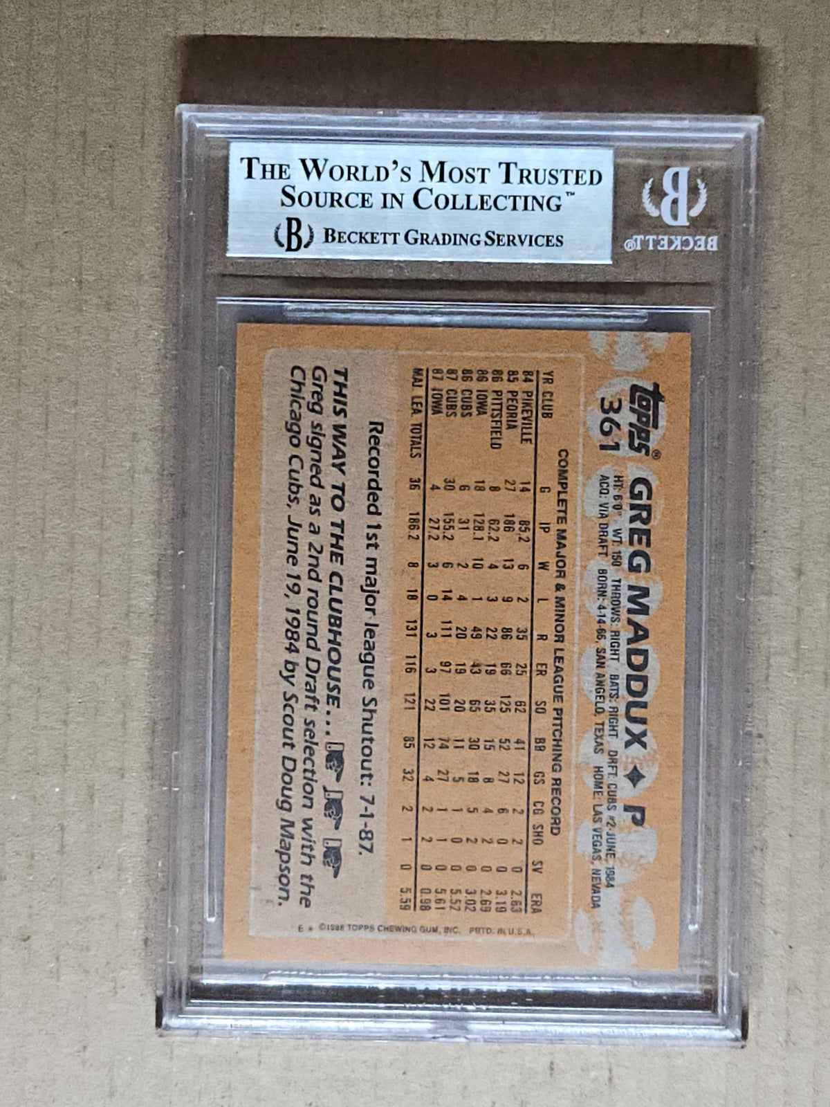 1988 Topps #361 Greg Maddux BGS 9