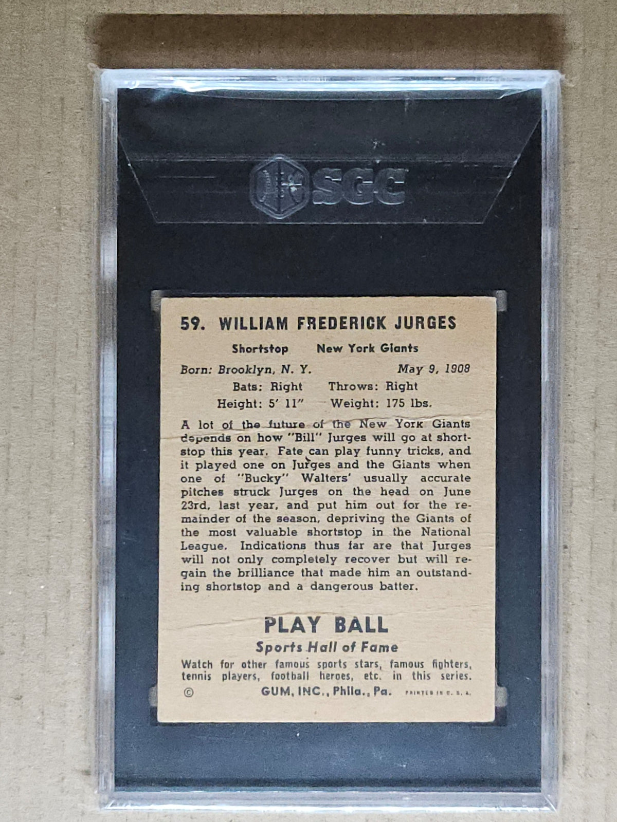 1941 Play Ball #59 Billy Jurges SGC 1