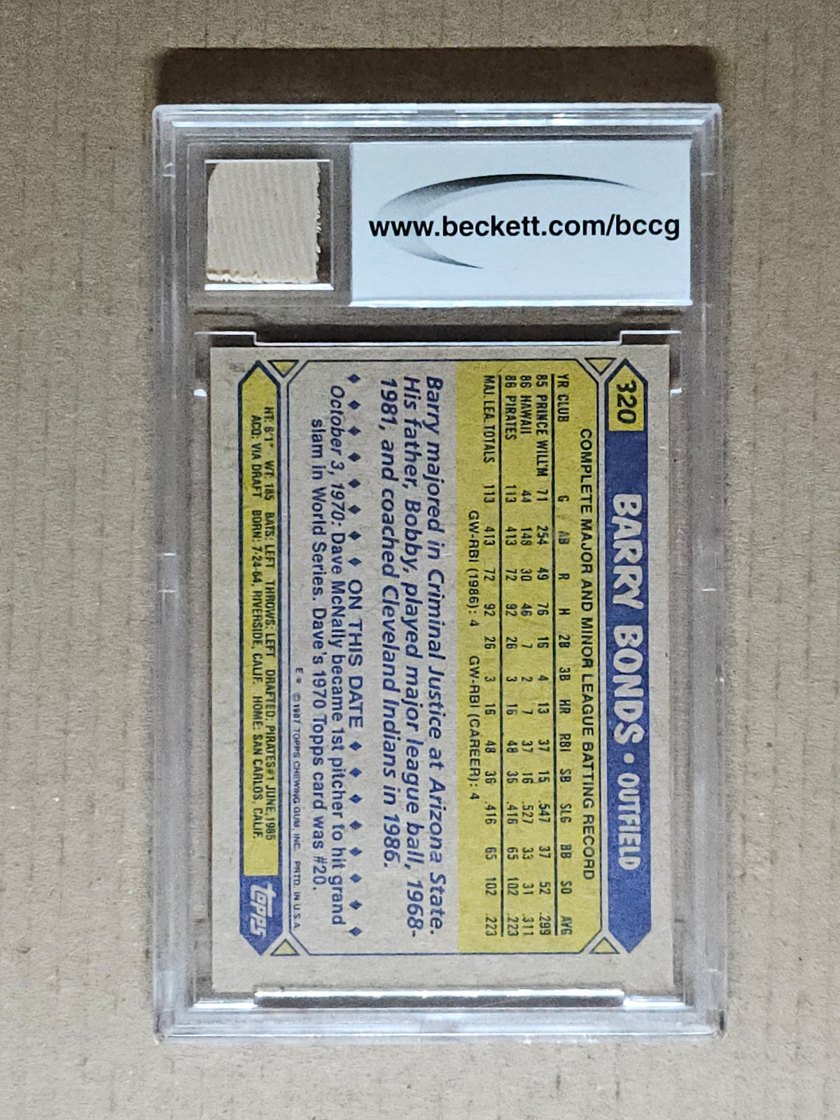 1987 Topps #320 Barry Bonds 500HR/500SB Game Used Bat Relic BCCG 10 #/500