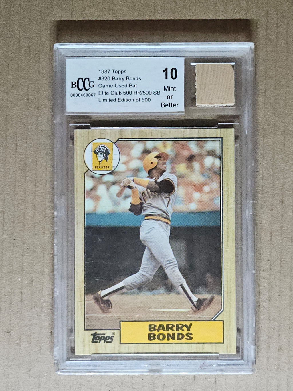 1987 Topps #320 Barry Bonds 500HR/500SB Game Used Bat Relic BCCG 10 #/500