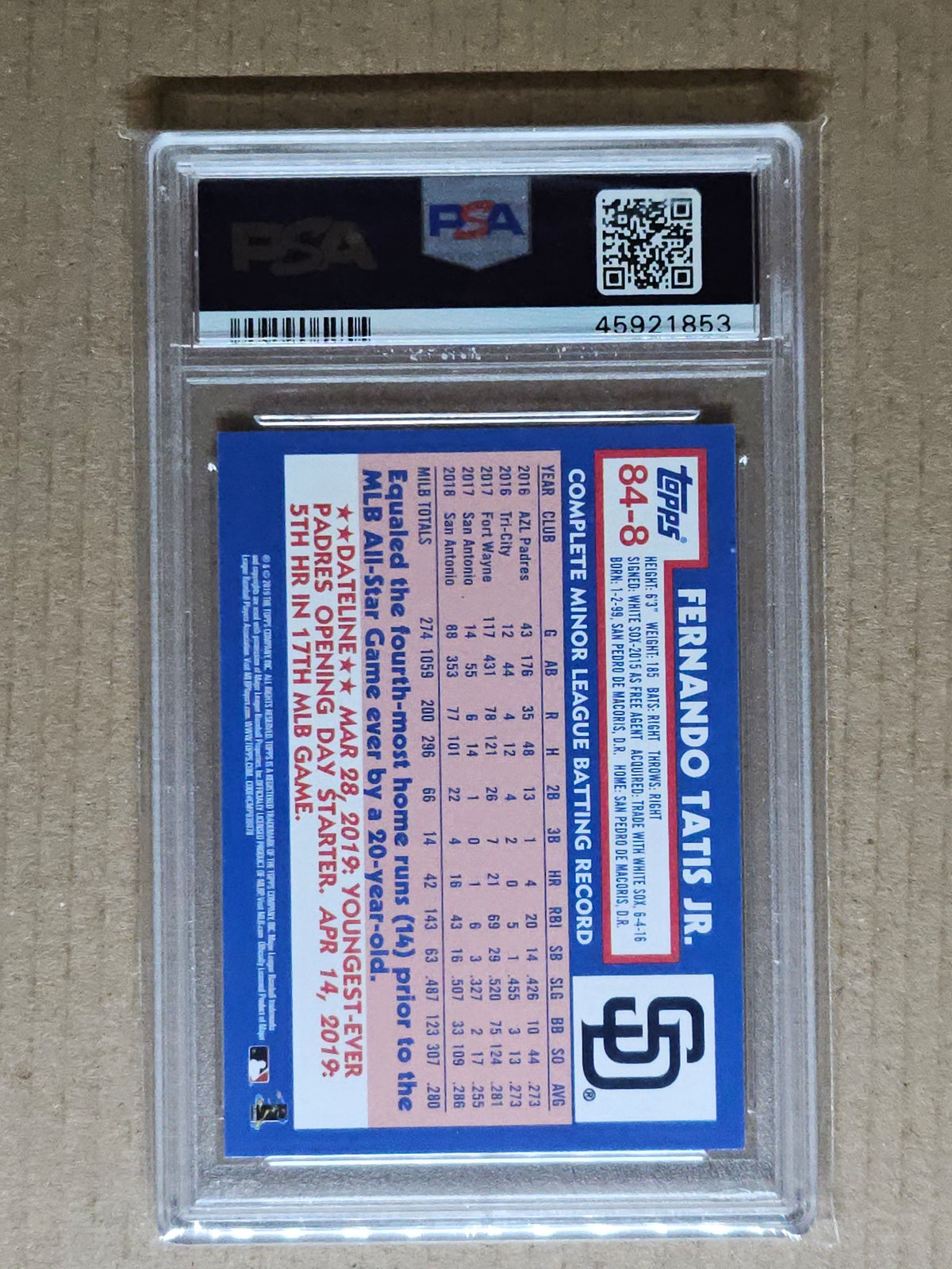 2019 Topps Update Baseball #84-8 Fernando Tatis Jr. 1984 Topps Baseball PSA 9