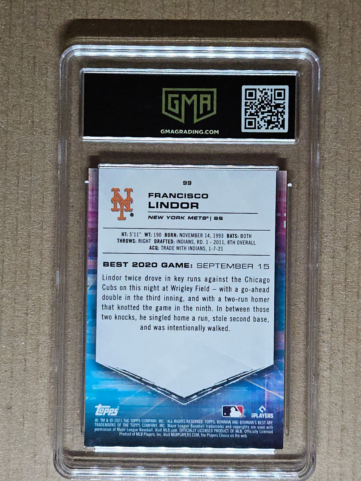 2021 Bowman's Best #99 Francisco Lindor Purple Refractor GMA 10 #/250