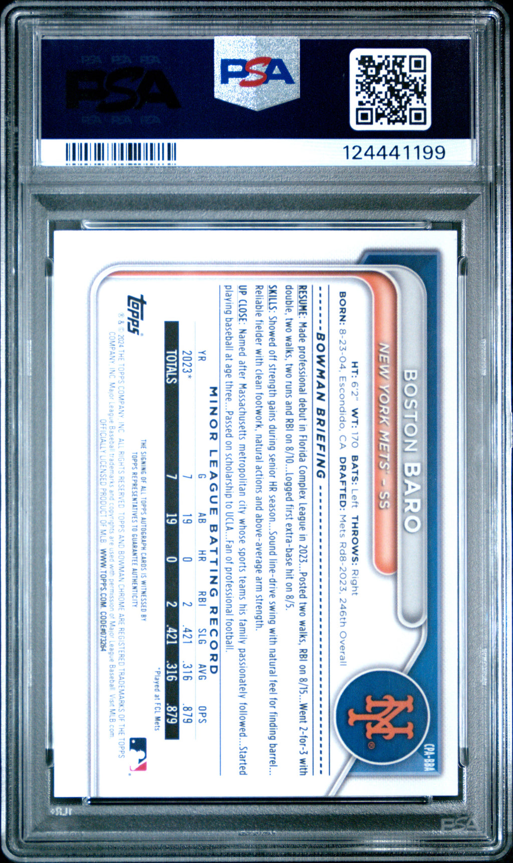 2024 Bowman Chrome Prospect Autographs #CPABBA Boston Baro PSA 9