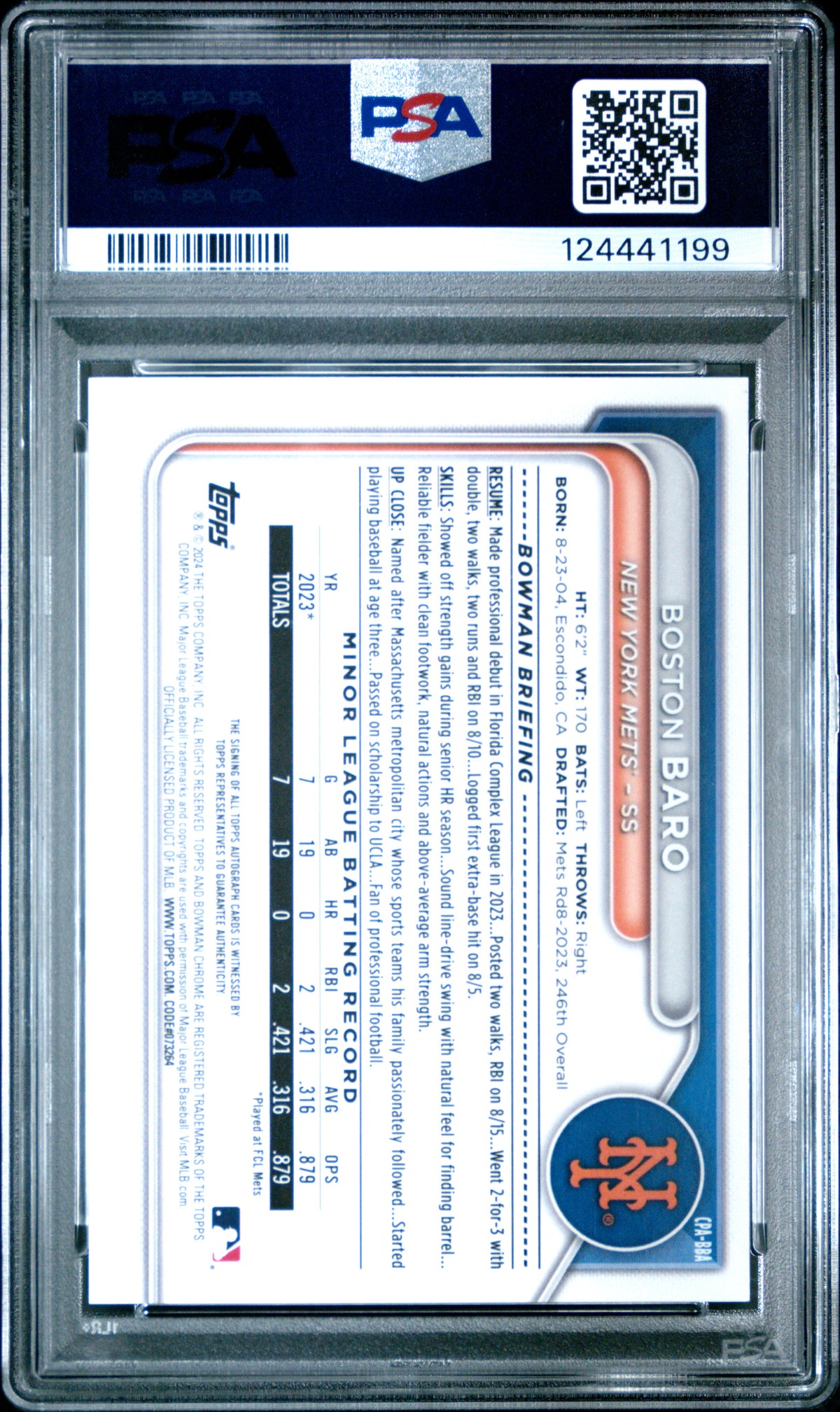 2024 Bowman Chrome Prospect Autographs #CPABBA Boston Baro PSA 9