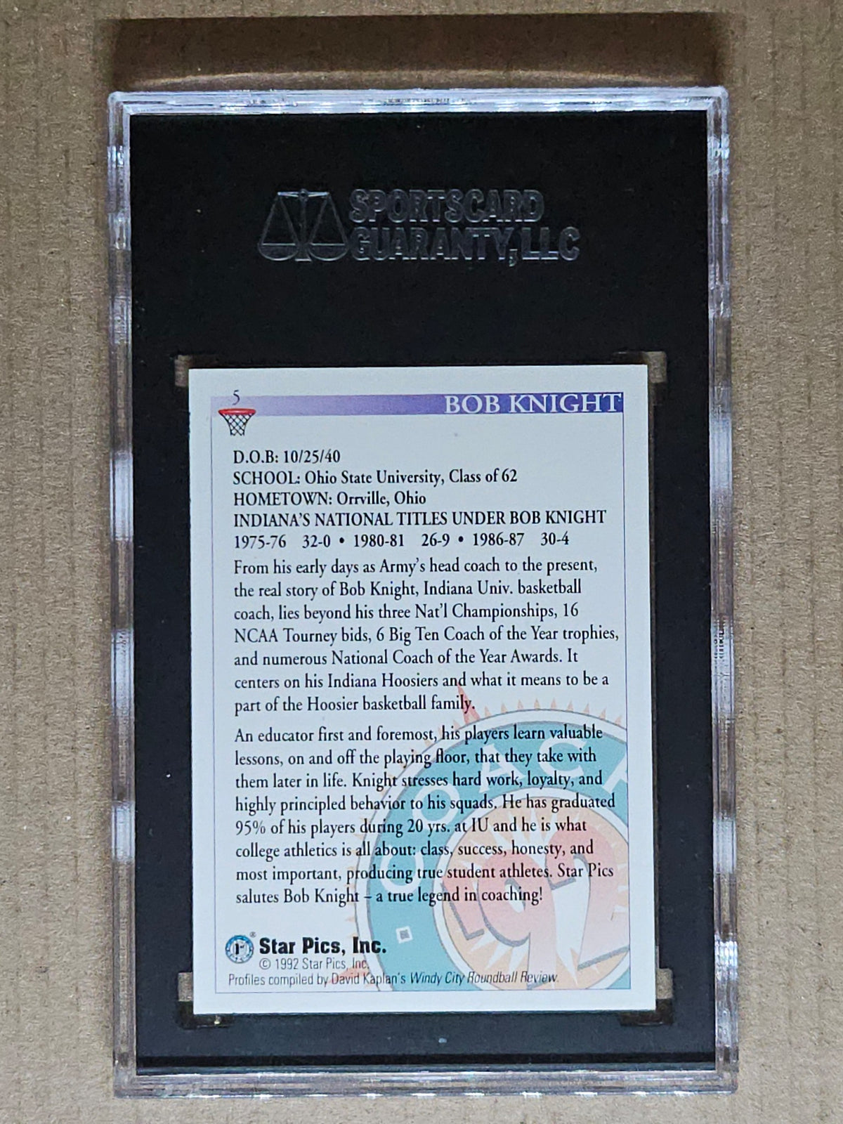 1992 Star Pics #5 Bob Knight Autographs SGC Authentic