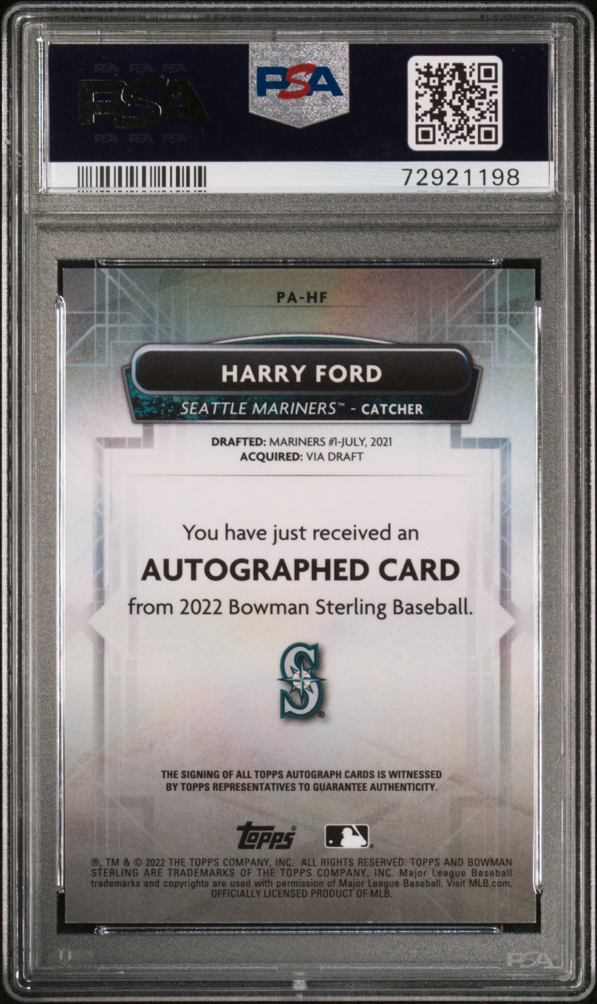 2022 Bowman Sterling Harry Ford Prospect Autographs Speckle Refractor PSA 9 #/99