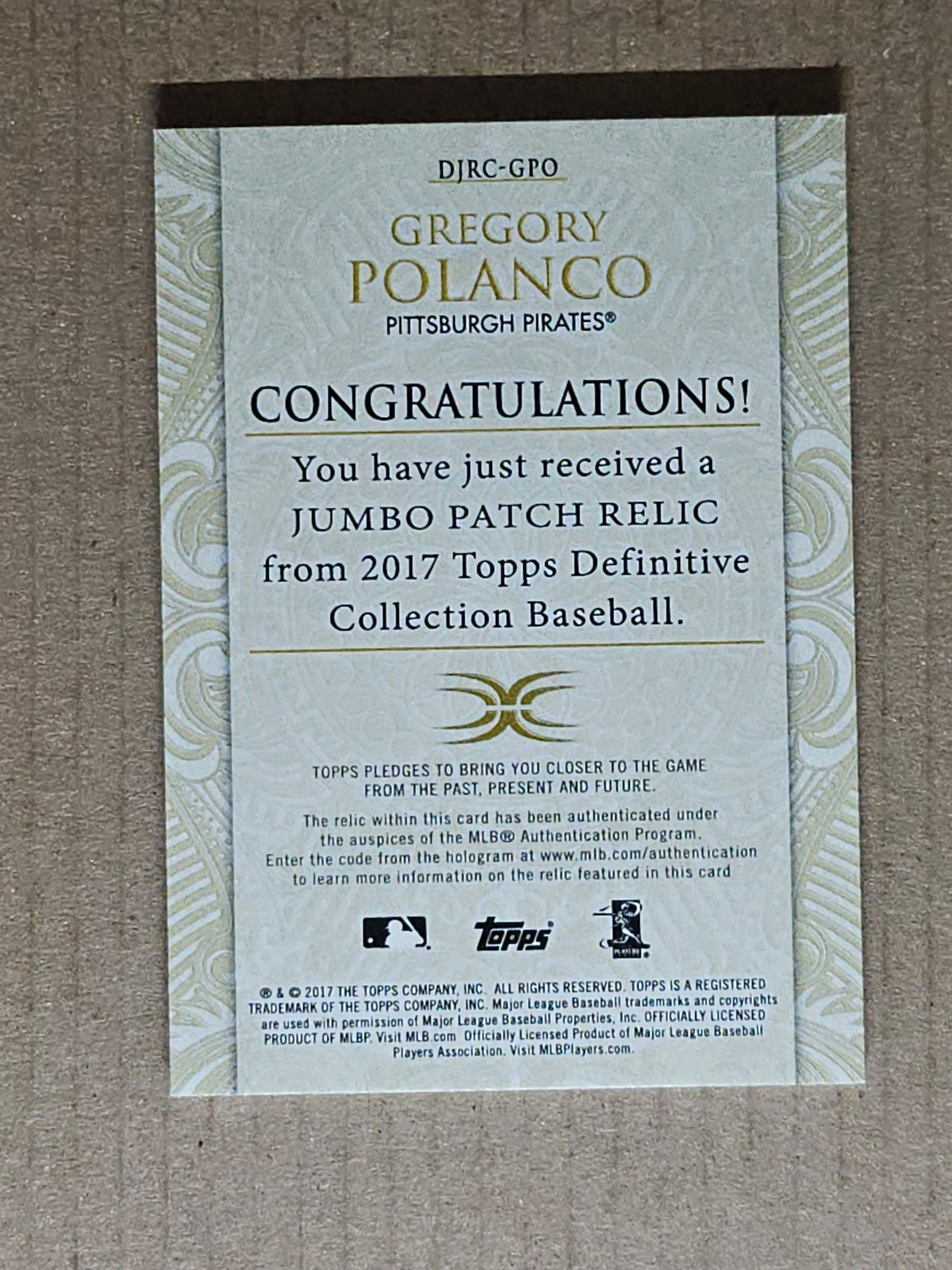 2017 Topps #DJRC-GPO Gregory Polanco Jumbo Relic & Patch Collection Blue #/30