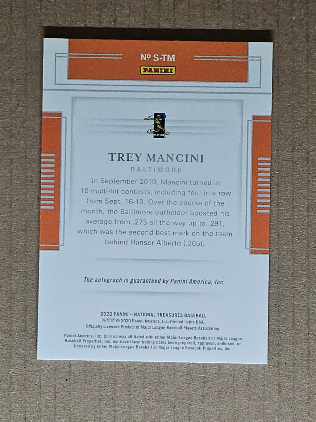 2020 Panini National Treasures #S-TM Trey Mancini Signatures #/7
