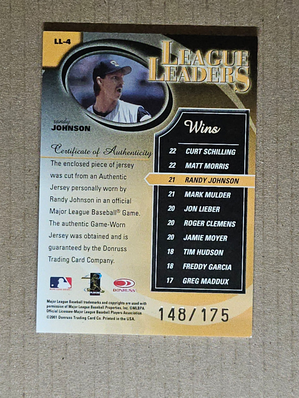 2002 Donruss Best of Fan Club #LL-4 Randy Johnson League Leaders Materials #/175