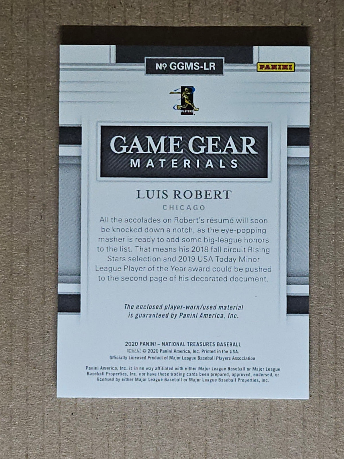 2020 Panini National Treasures #GGMS-LR Luis Robert Game Gear Materials #/99