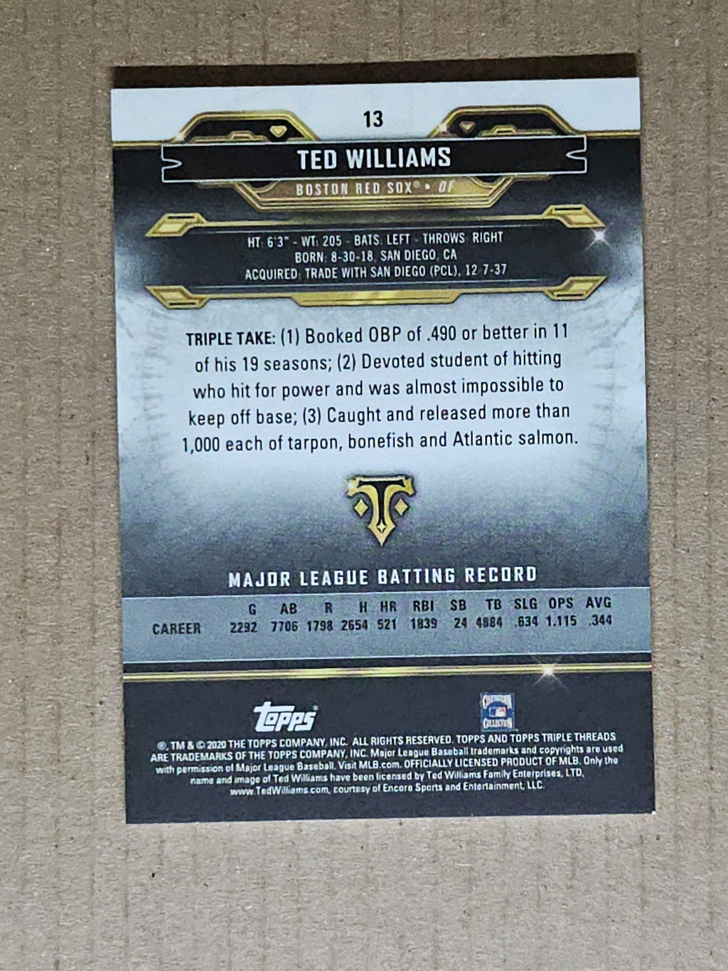 2020 Topps Triple Threads #13 Ted Williams Gold #/99