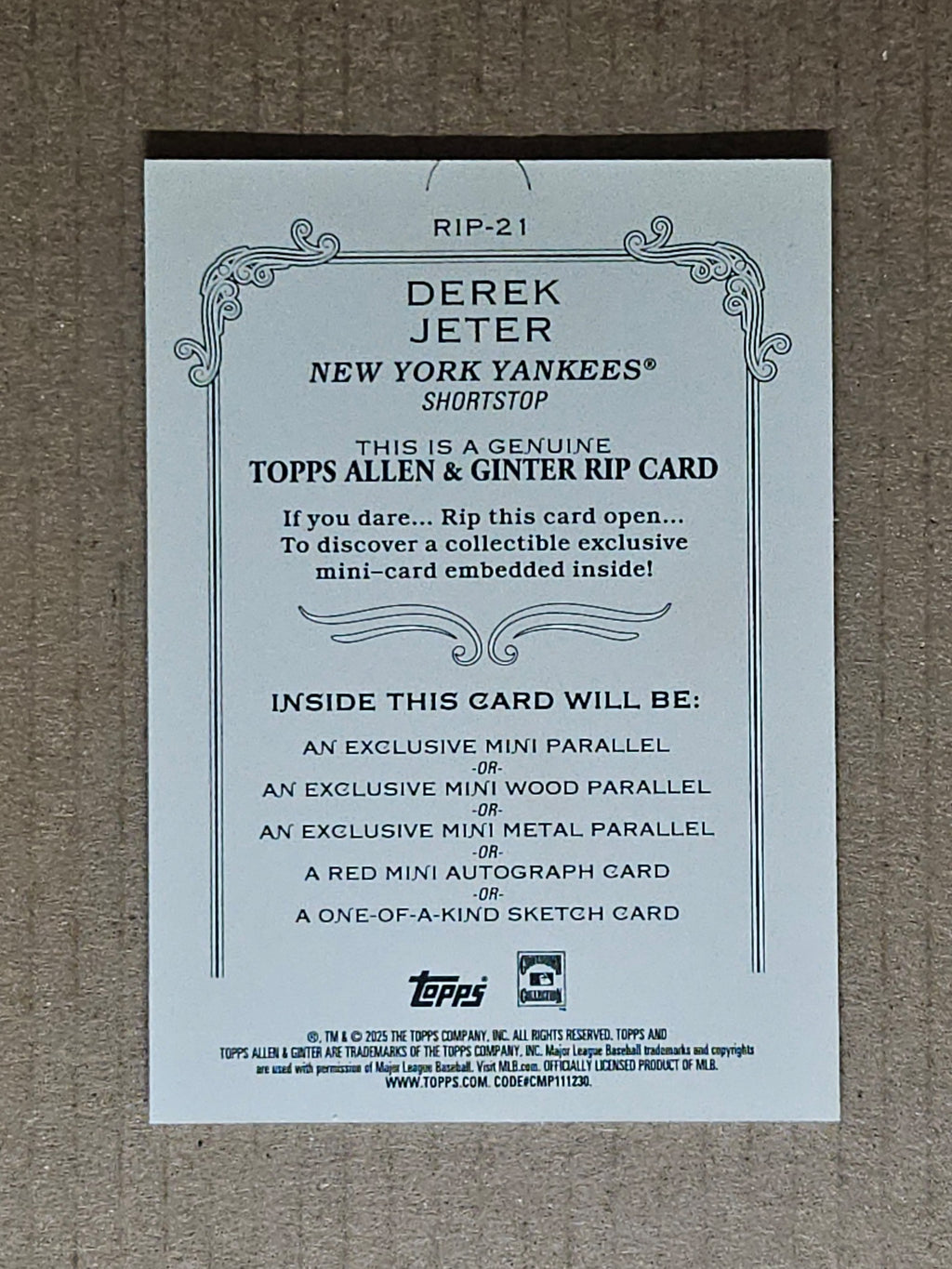 2025 Topps Allen & Ginter #RIP-21 Derek Jeter Rip Cards #/199
