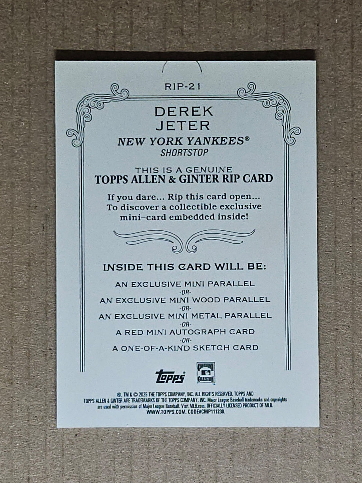 2025 Topps Allen & Ginter #RIP-21 Derek Jeter Rip Cards #/199