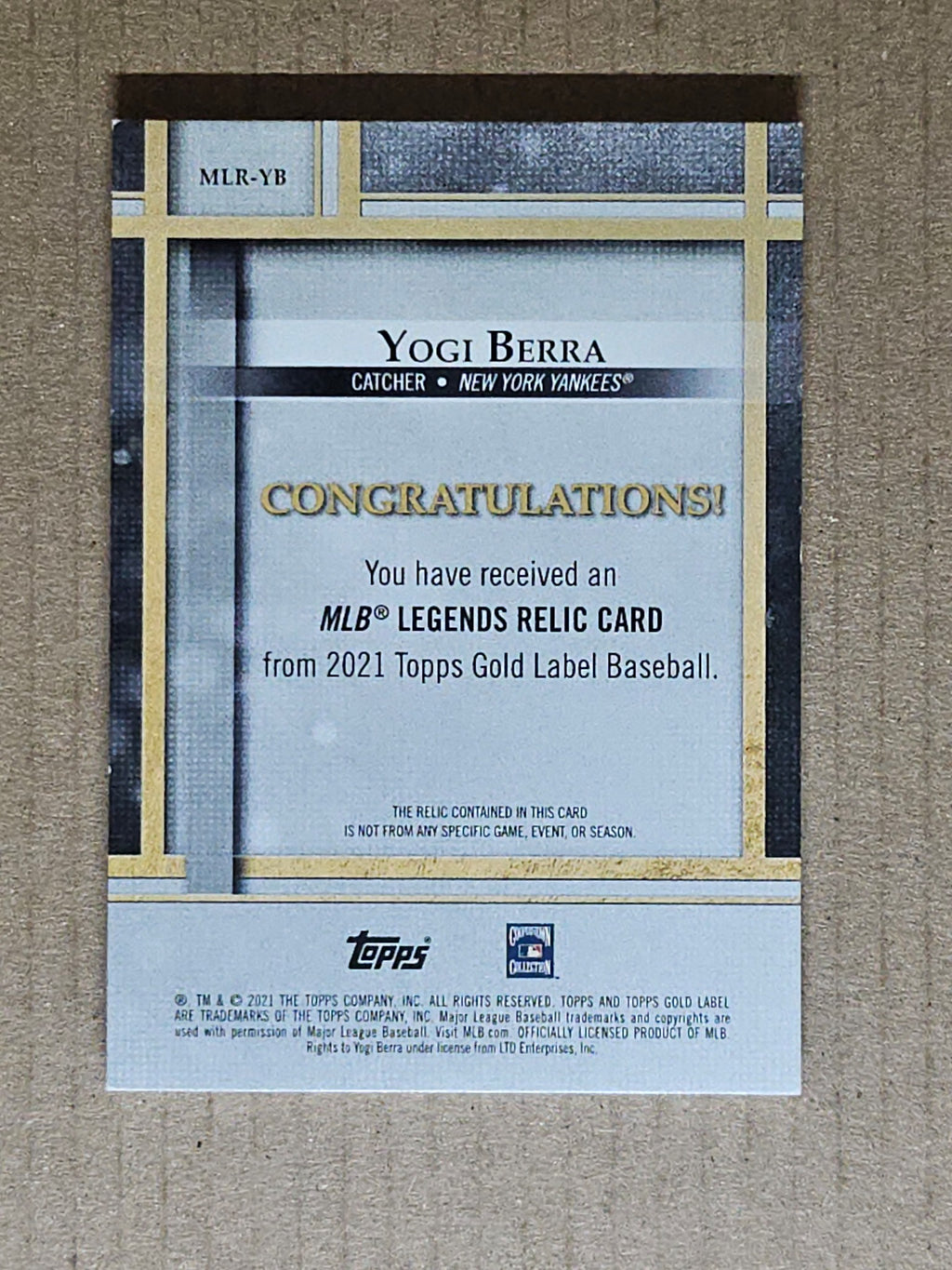 2021 Topps Gold Label #MLR-YB Yogi Berra MLB Legends Relics #/50