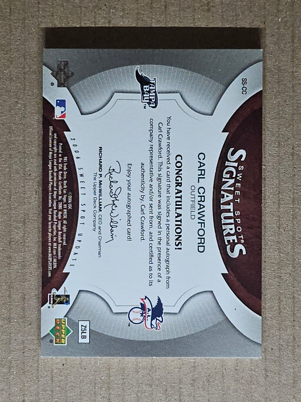 2006 Upper Deck Sweet Spot #SS-CC Carl Crawford Red-Blue Stitch Red Ink #/299