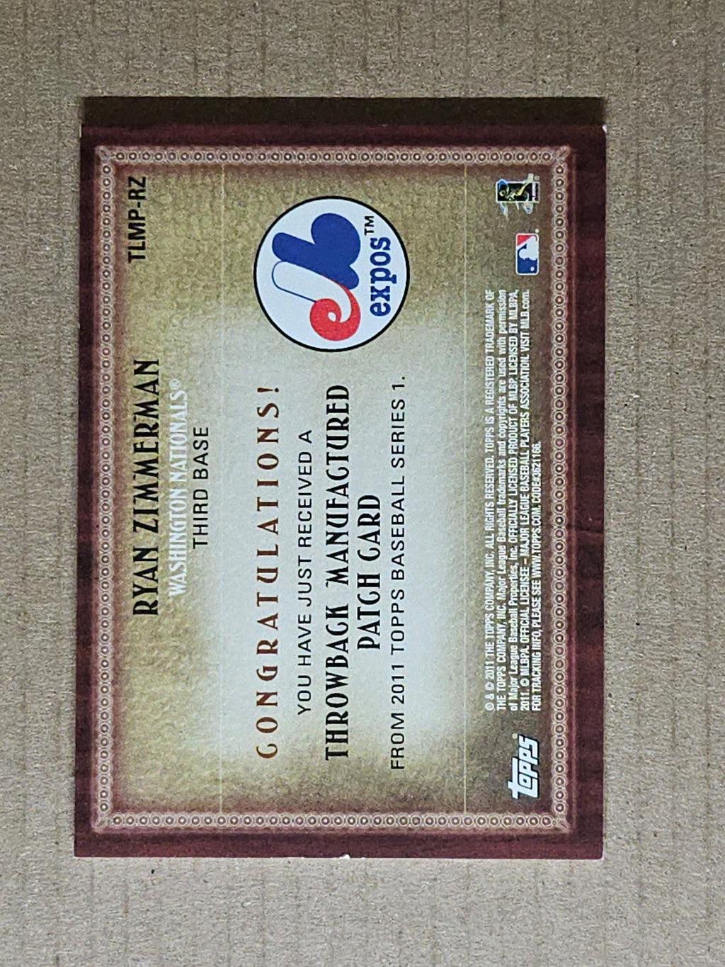 2011 Topps #TLMP-RZ Ryan Zimmerman Throwback Manufactured Patches